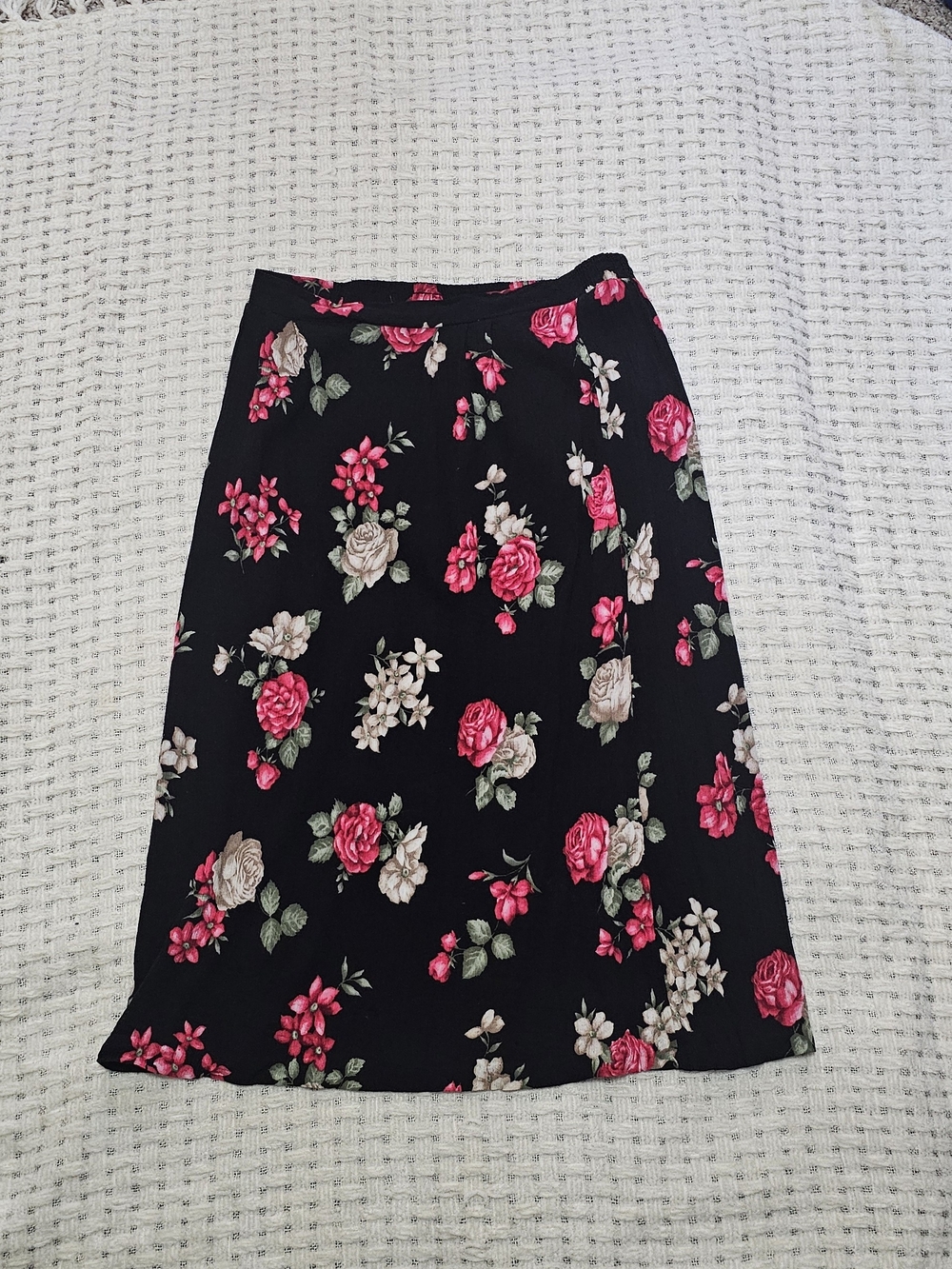 Floral Black Midi Skirt with Pink and Cream Blooms